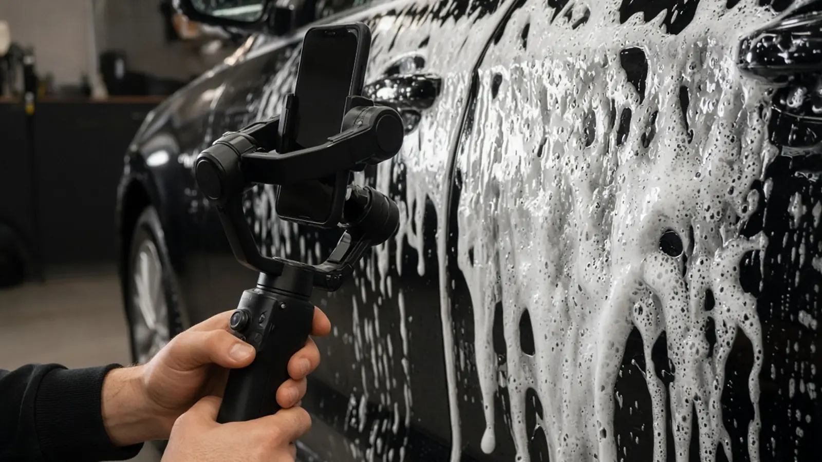 A gimbal filming foam on a car door