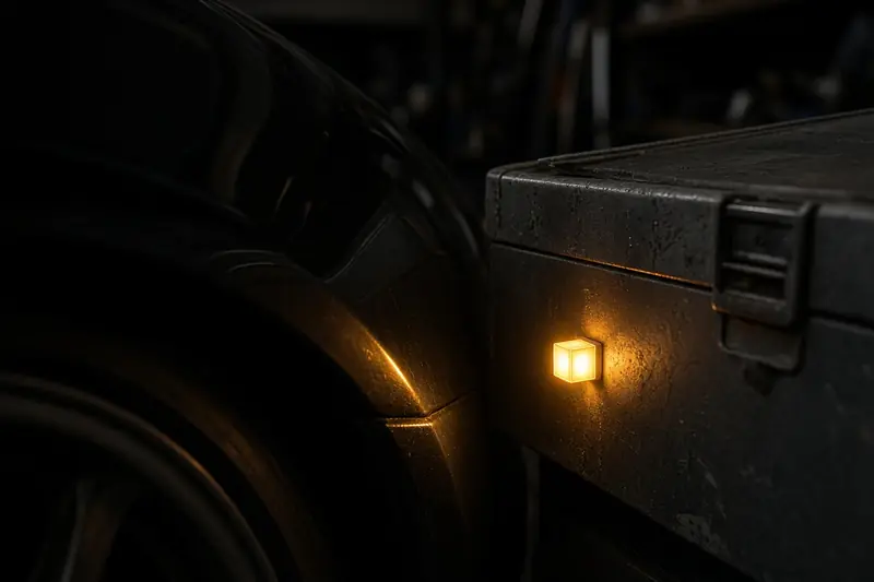 A small RGB light glowing beside a fender