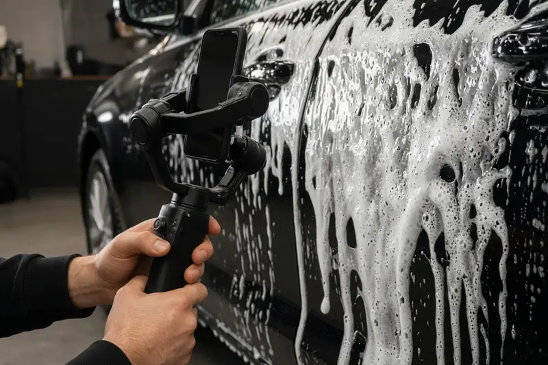 A phone gimbal filming a foamy car door