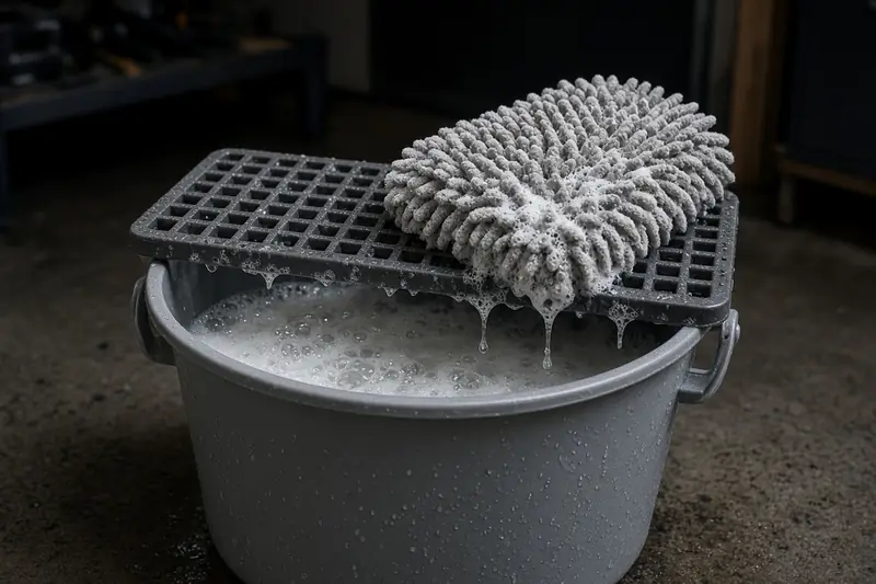 A wash bucket, grit grate, and soapy mitt