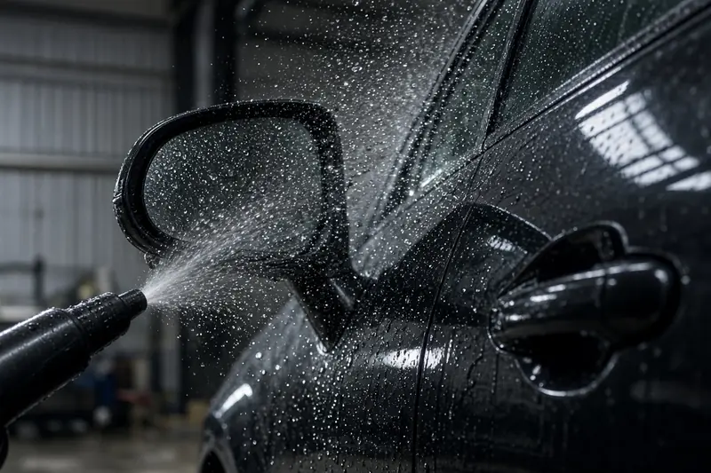 A blower pushing water off a side mirror