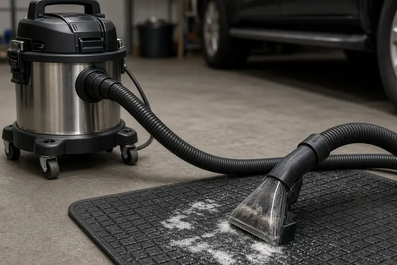Cleaning solution and a vacuum hose on car carpet