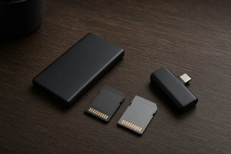 Memory cards and a portable drive on a desk