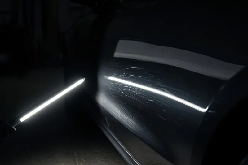 A handheld light showing swirls in paint