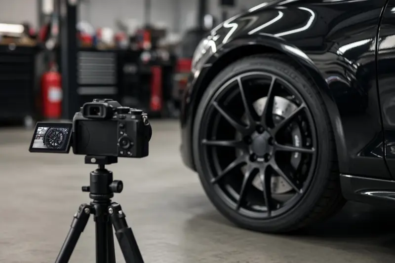 A mirrorless camera on a tripod aimed at a wheel